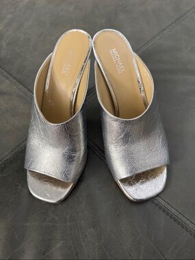 Michael Kors Metallic Silver Open-Toe Slip-On Mules